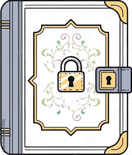 Locked ornate journal, diary with floral pattern and golden padlock