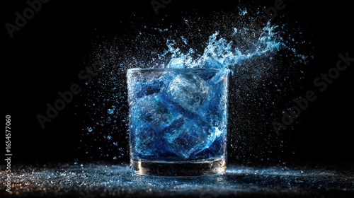 Vibrant blue liquid splashes explosively from a glass with ice cubes against a dark backdrop