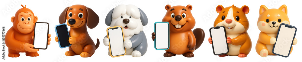 Fototapeta premium Cute animals holding smartphones