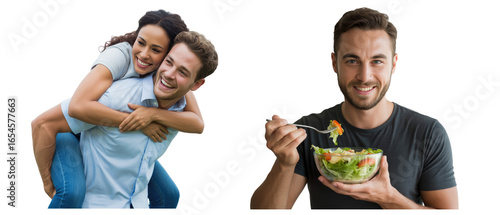 Happy couple piggyback ride and man eating healthy salad isolated on white transparent background png jpg business people clipping path cutout 2025 2026 4k full hd poster banner label download