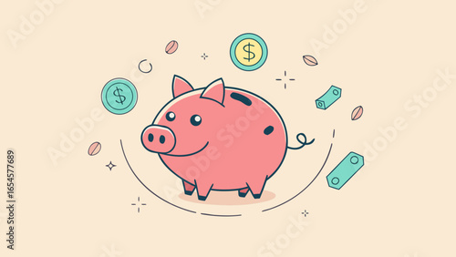 Cute piggy bank with coins and bills symbolizing saving money and financial planning in flat cartoon style