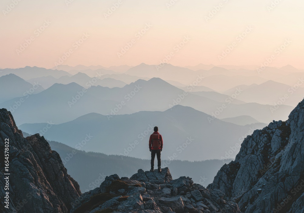Fototapeta premium Mountain Summit Contemplation: Man Overlooking Layered Peaks at Dawn