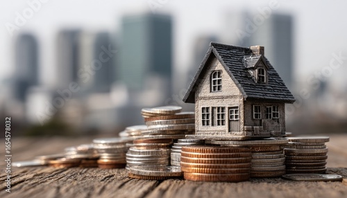 Wallpaper Mural Miniature house atop coins, city backdrop (1) Torontodigital.ca