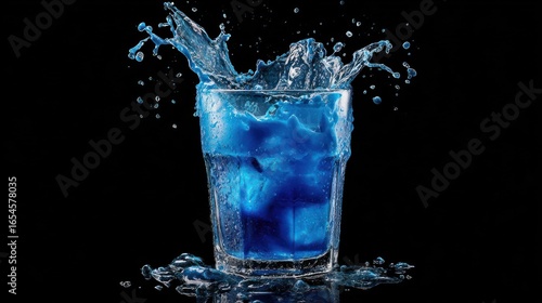 A vibrant blue liquid, possibly a cocktail or a refreshment, is captured in a glass with ice cubes.