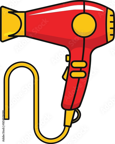 Red hair dryer with yellow accents, beauty and personal care appliance