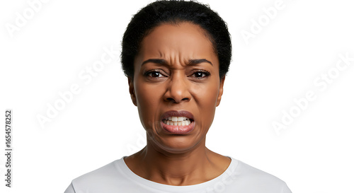 Realistic portrait of a diverse person showing disgust, isolated on a pure white background, professional studio lighting, sharp focus, natural expression, minimalistic composition, high quality stock