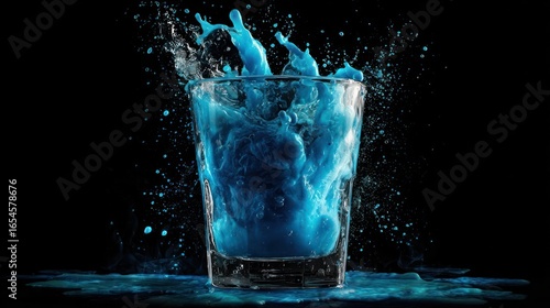 A vibrant blue liquid splashes dramatically from a short glass, creating dynamic action against a stark black background.  Tiny droplets are scattered around