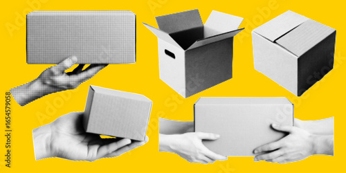 Halftone pop art collage of cardboard boxes in hands, delivery, packaging, shipping and storage concept on yellow background