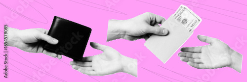 Halftone pop art collage of hands exchanging wallet and envelope with money, finance, payment and transaction concept on pink background