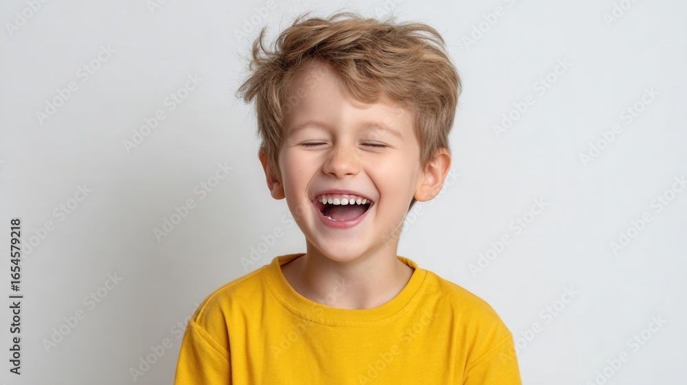 Young boy in yellow shirt laughing heartily, eyes closed, teeth delight radiating visible, childhood pure Young boy in yellow shirt laughing heartily, eyes closed, teeth delight radiating visible, childhood pure