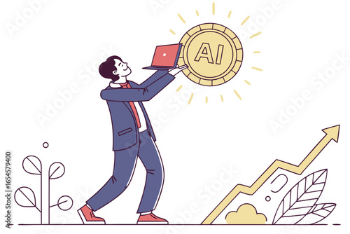 Businessman holding AI coin with rising graph artificial intelligence