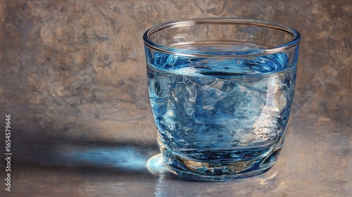 A clear glass filled with blue liquid and ice, placed against a mottled, textured background