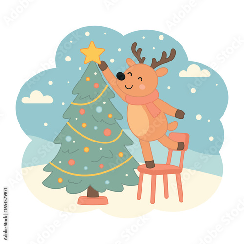 Deer standing on a chair and decorating a Christmas tree. Simple flat doodle style, cozy warm winter mood