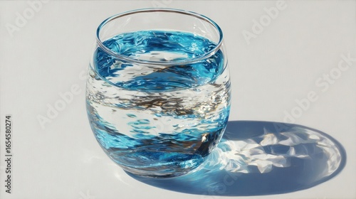 A clear glass, filled with rippling blue and clear liquid, casts a shadow on a white surface