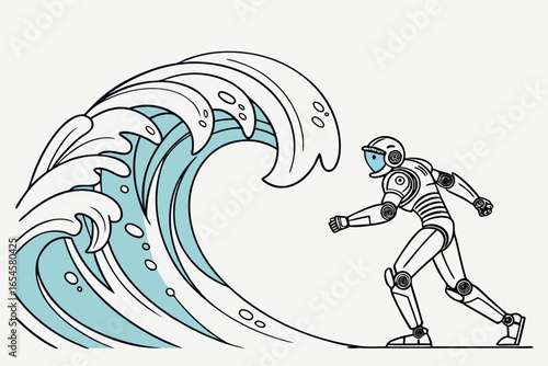 Robot facing a large breaking ocean wave android artificial intelligence