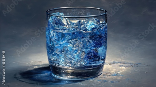 A transparent glass filled with glistening ice cubes, reflecting light on a textured surface