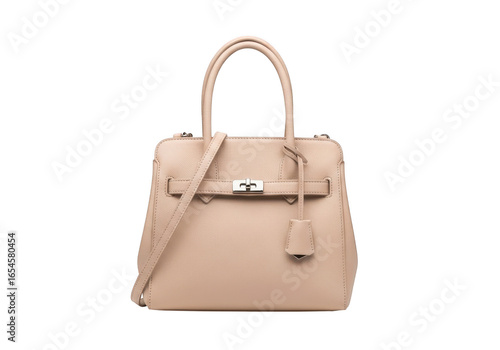 Elegant beige leather tote handbag isolated on transparent background
