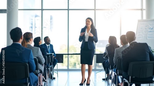 A businesswoman in a suit speaks to a seated audience in a bright conference room. A whiteboard with notes is behind