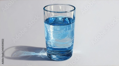 A realistic depiction of a partially filled cylindrical glass of clear blue liquid, casting a shadow on a light gray surface