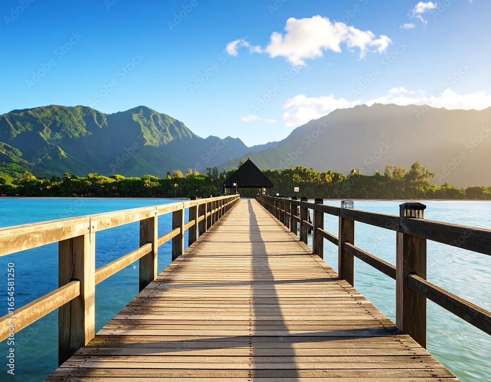 Fototapeta premium Tranquil perspective: Wooden pier stretches towards distant mountains seascape