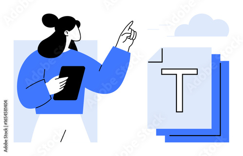 Woman holds tablet, gestures toward text file stack under cloud. Ideal for technology, cloud storage, organization, data sharing, education, collaboration, simple landing page