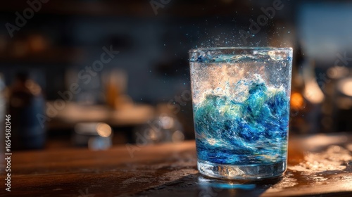 A glass of water sits on a wooden bar, with an artistic ocean-wave effect created within the liquid. The background is softly blurred, showing a dimly lit bar setting