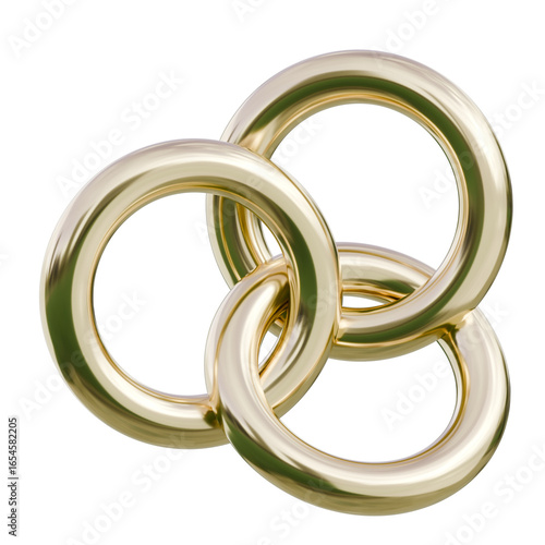 Three gold rings interlock, symbolizing unity; suitable for wedding, jewelry, and luxury branding visuals.
