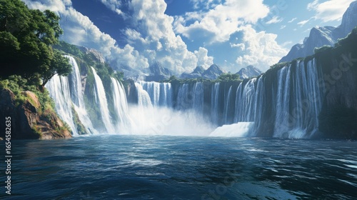 Niagara falls realistic view from a boat without showing any humans or boats just waterfalls and land