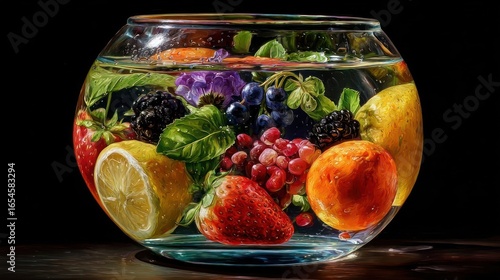 A hyperrealistic painting of a glass bowl filled with water,