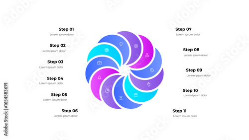 Circular Pie Chart Infographic With Eleven Business Process Steps and Symbols. Ideal for business presentations, workflow visualization, and process explanation