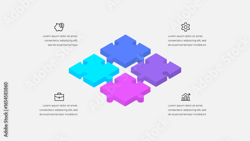 Isometric illustration of four interconnected puzzle pieces symbolizing teamwork, strategy, and solutions, emphasizing essential elements of business collaboration for presentations and concepts