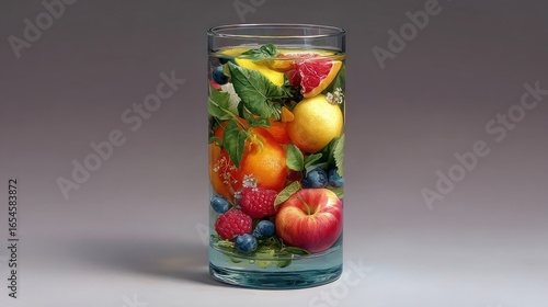 Refreshing tall glass filled with fruit and water; healthy, clear, and vibrant