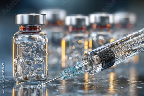 Vials filled with shimmering liquid, syringe ready for precise a