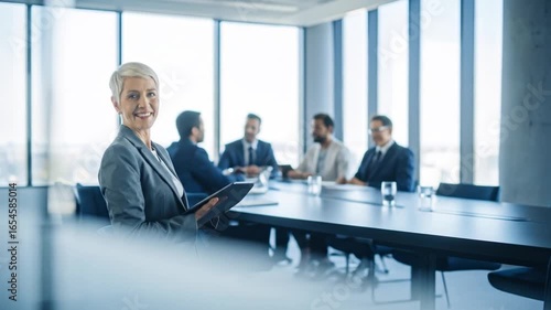 A businesswoman smiles, holding a tablet, with colleagues in a bright conference room setting