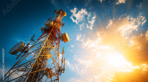 Cell Tower against a Blue Sky with Clouds and Bright Sunlight