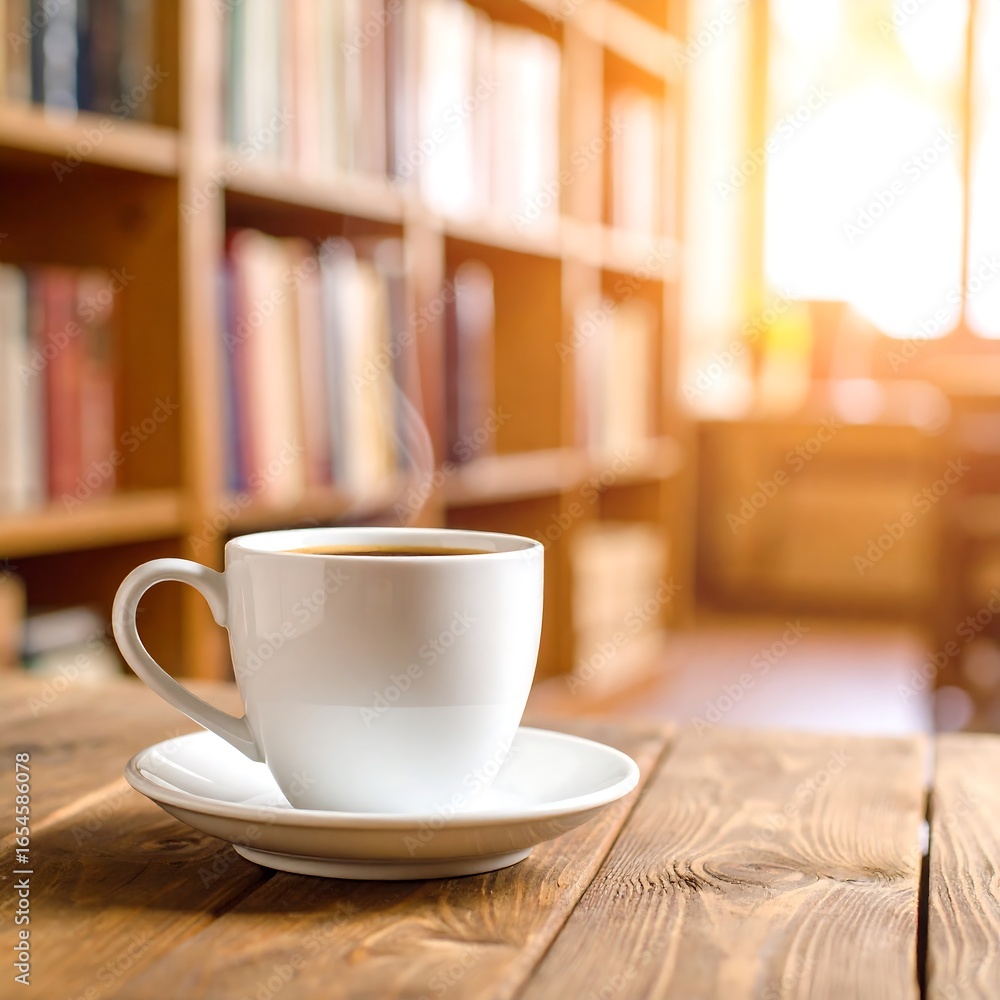 Obraz premium Warm coffee, library setting