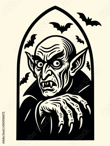 Nosferatu vampire engraving style black on white vector illustration