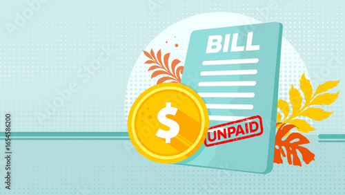 Unpaid bill, invoice and debt - vector banner background with golden coin and copy space
