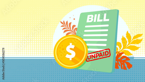 Unpaid bill, invoice and debt - vector banner background with golden coin and copy space