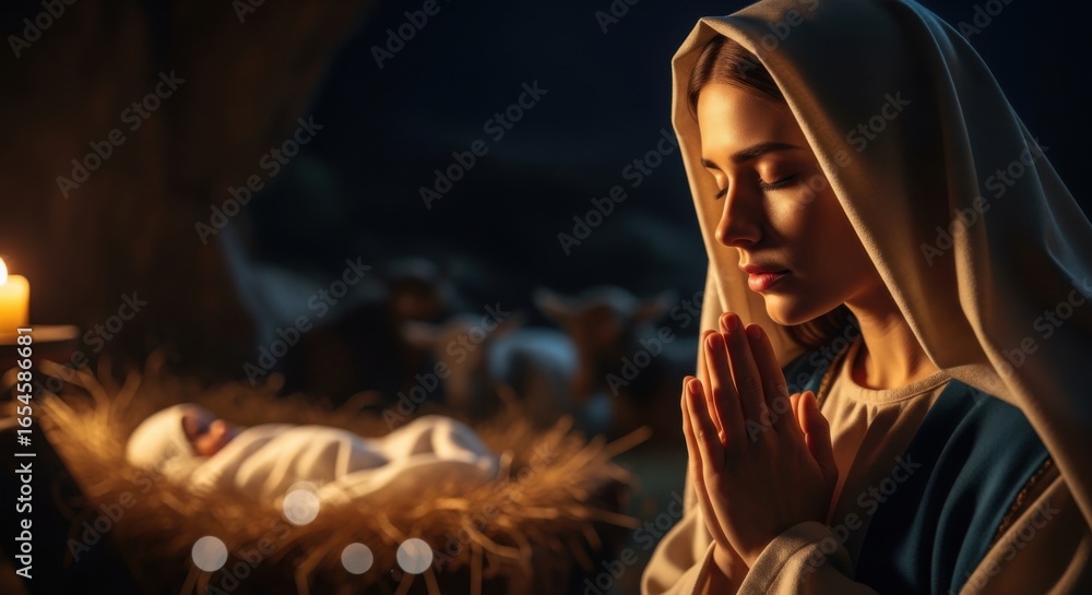 Obraz premium Christmas. The Virgin Mary praying beside a manger with baby jesus, sheep, and donkeys in a stable. Nativity scene for Christmas.