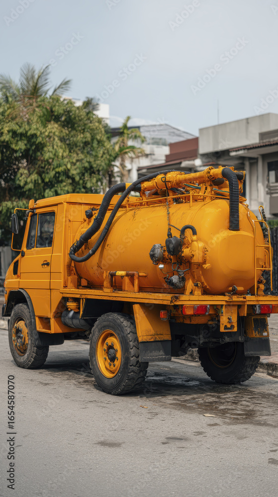 Yellow tanker truck is parked on street, possibly used for transporting biofuel. vehicle is surrounded by urban buildings and trees Yellow tanker truck is parked on street, possibly used for transporting biofuel. vehicle is surrounded by urban buildings and trees