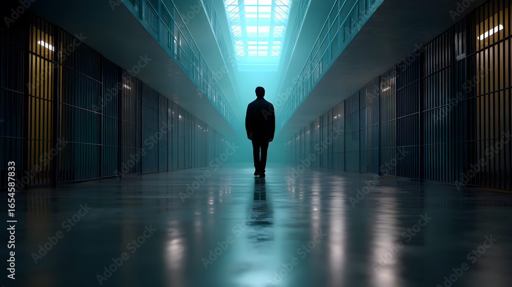 Fototapeta premium A Solitary Figure Walks Down a Prison Hallway, Bathed in an Eerie, Blue Light