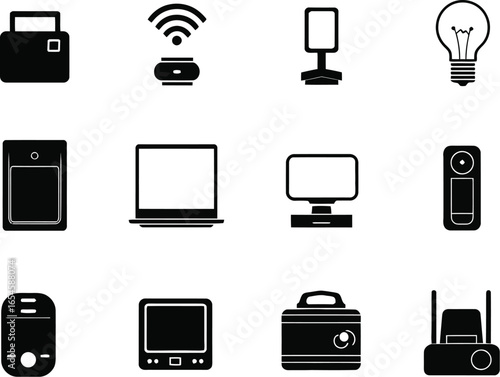 Collection of twelve distinct black and white electronic devices and appliances in a grid pattern