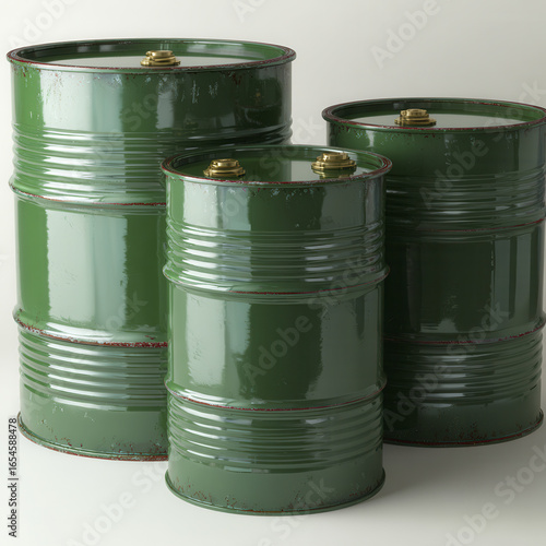 Green metal barrels used for storing biofuel stand together in studio setting