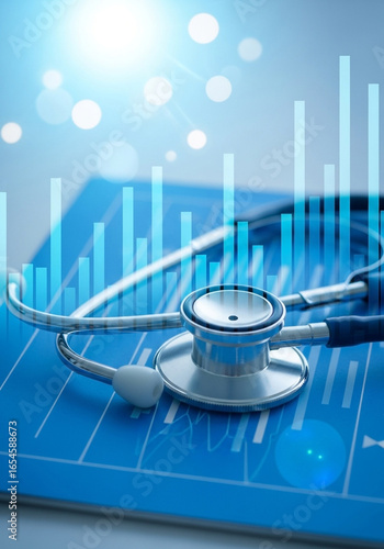 Stethoscope on a medical chart with a digital health data graph overlay