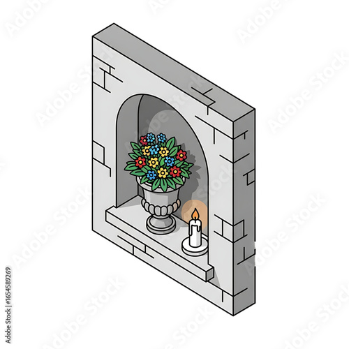 Wall niche with flowers and candle, symbol of tribute and memory.