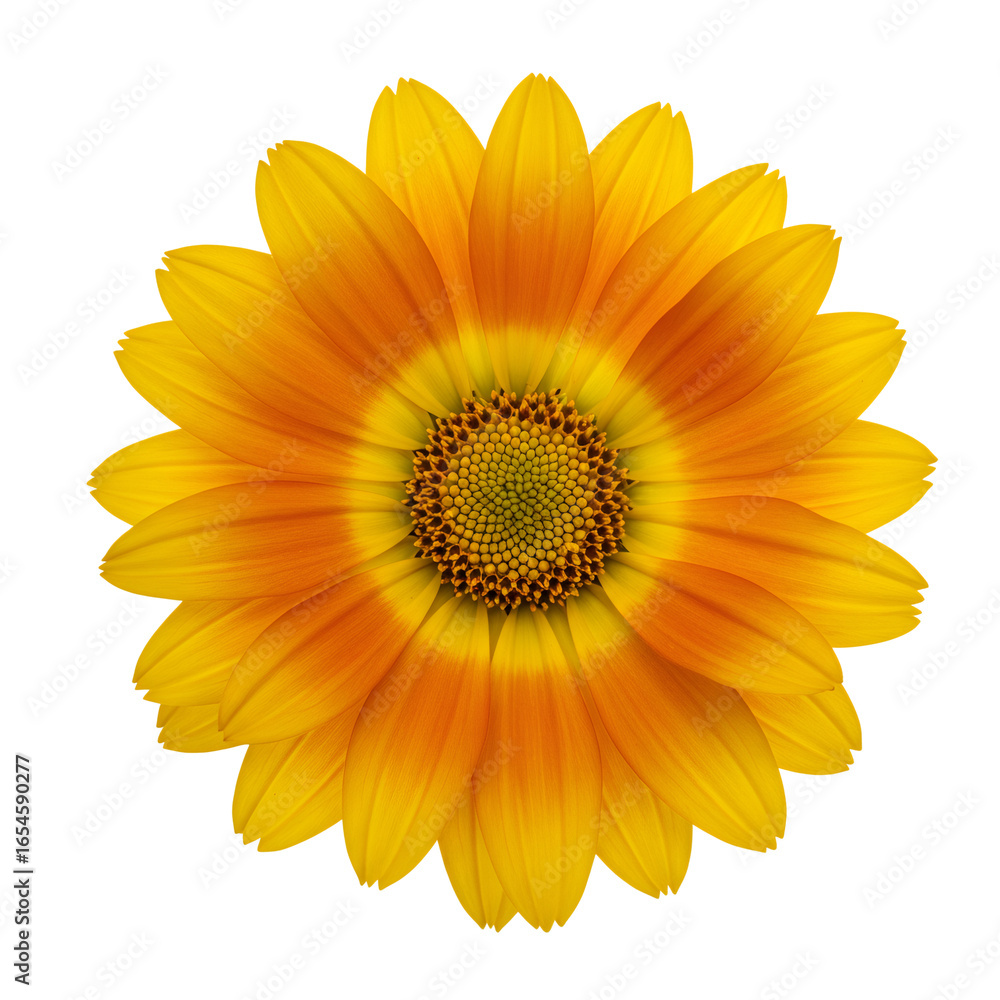 Fototapeta premium イエローオレンジ色の鮮やかな花の中心部クローズアップ 透明な背景に分離 開花中のマクロ撮影