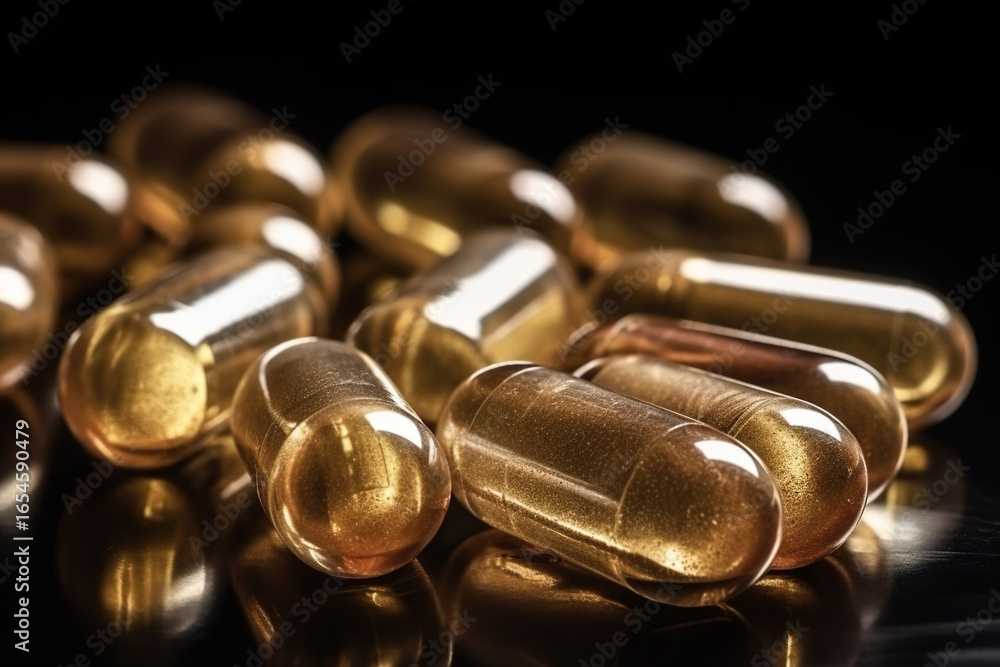 Naklejka premium Gel capsules gleam on a dark surface, reflecting light. Focus on health and wellness with these supplements for a balanced lifestyle.