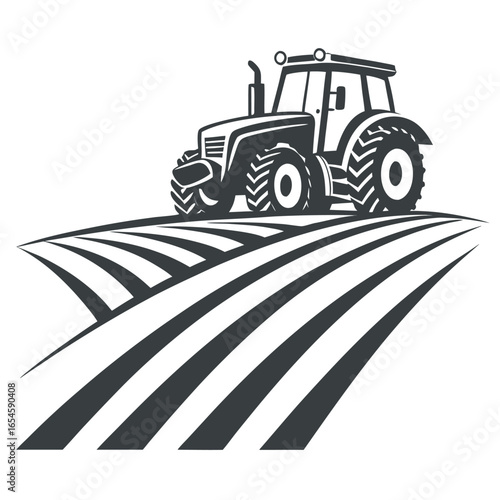 Black and white tractor on farm field landscape illustration vector