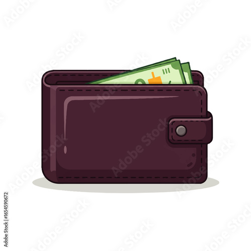 A dark-brown leather wallet slightly open, revealing a few banknotes tucked inside.